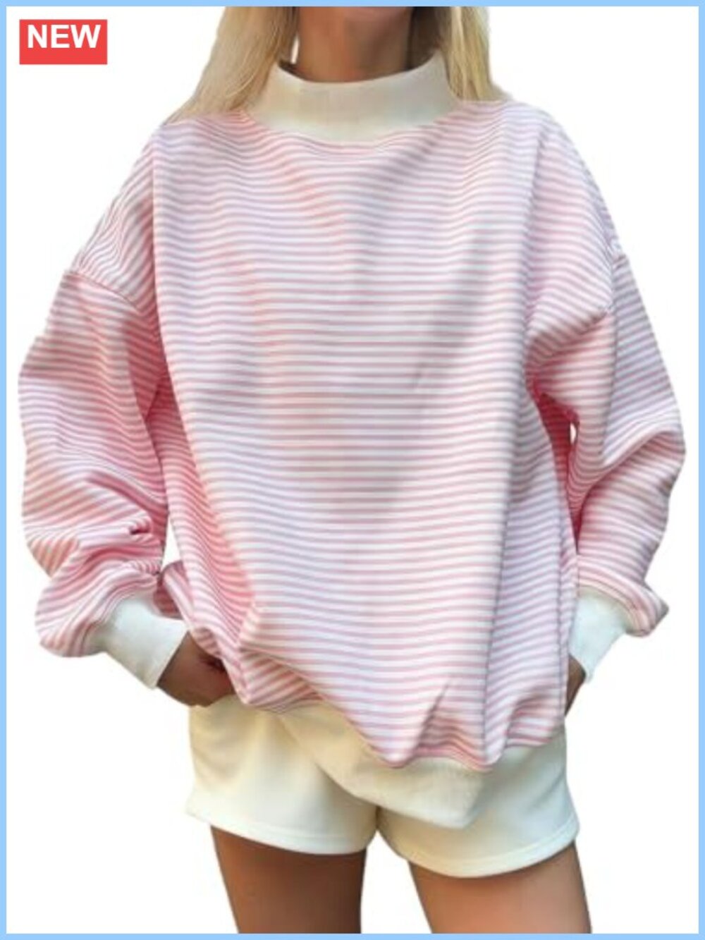 Oversized Mock Neck Striped Sweatshirt Pullover Casual Fall